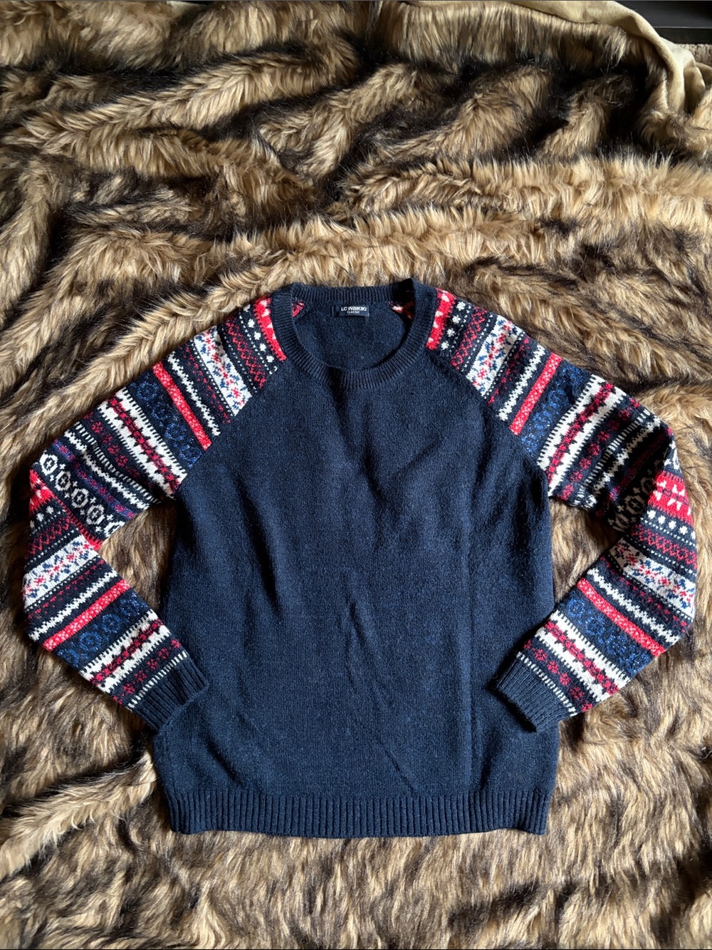LC Waikiki BOHO Navy Crewneck Sweater With Fair Isle Striped Sleeves Size S